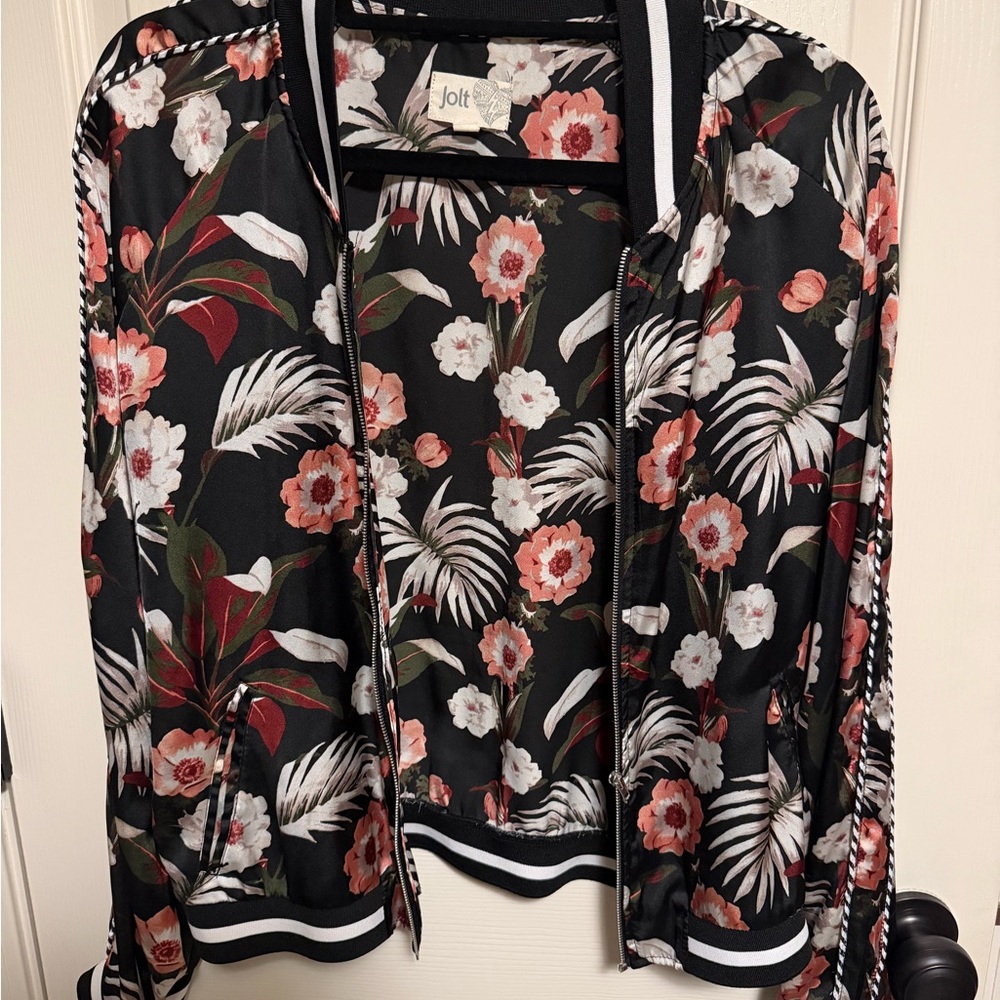 Jolt Women's Black and Red Floral Bomber Jacket